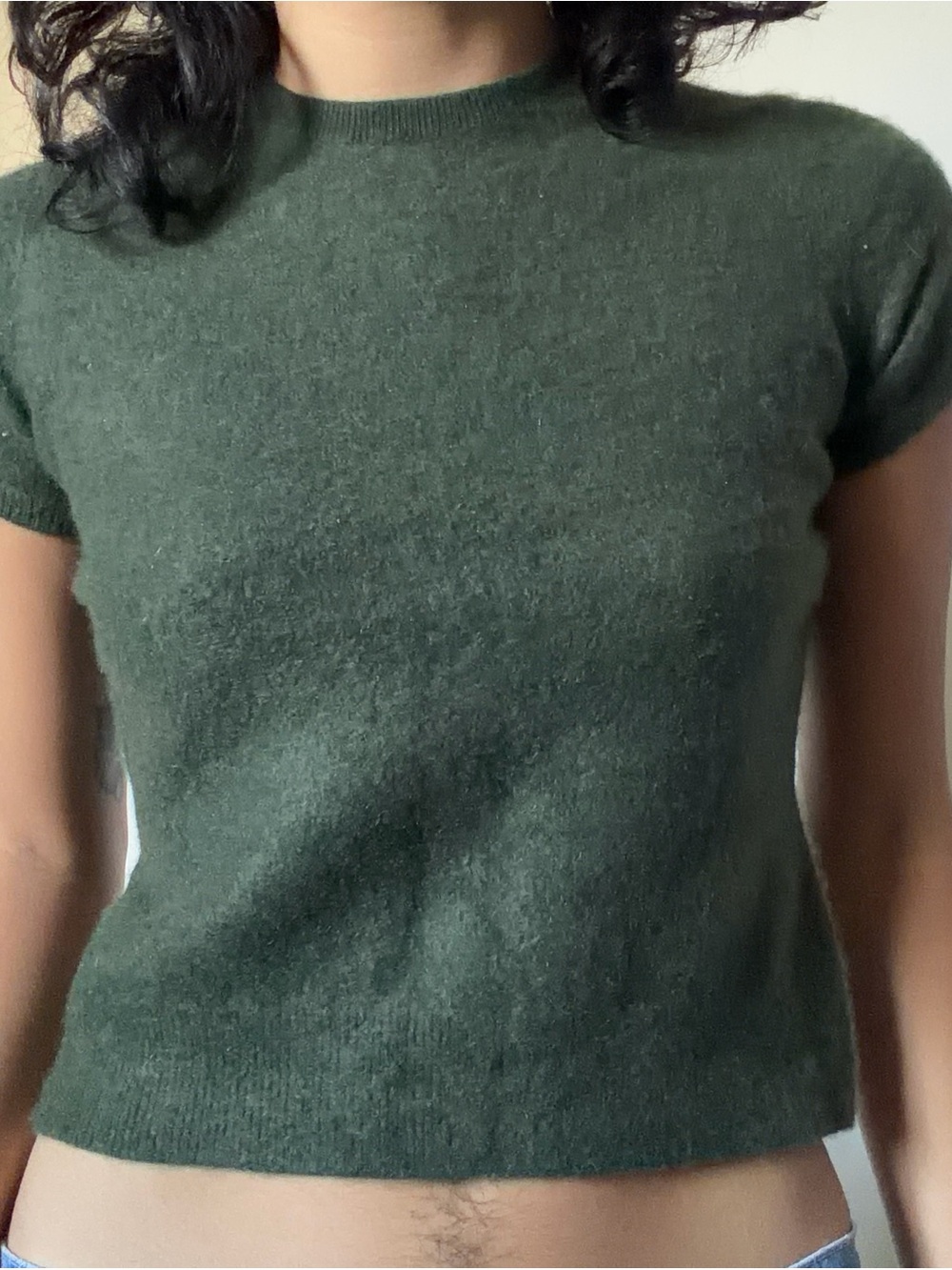 Lands' End Cashmere Dark Green Short-Sleeve Crop Sweater